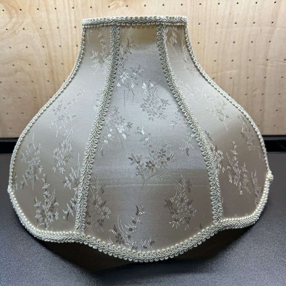 Victorian Lamp Shade Damask Floral & Trim Antique White Brocade  12"H x 17"W